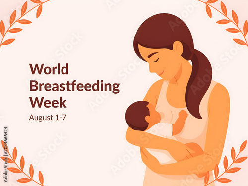 World breastfeeding week poster illustration featuring mother and baby newborn.