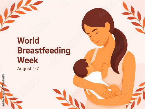 World breastfeeding week poster illustration featuring mother and baby newborn.