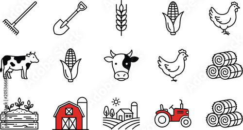 Foto Agriculture and Organic Farming Icon Set with Tractor, Red Barn, Cow, Chicken, C