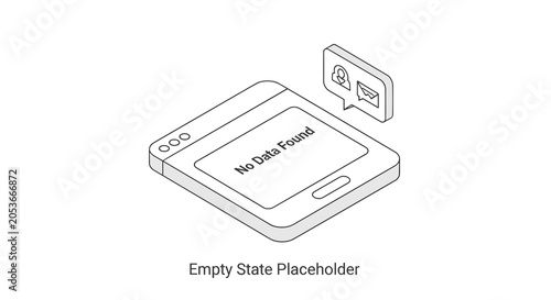 Empty state placeholder illustration showing a digital tablet with no data found message and floating user notification bubble.