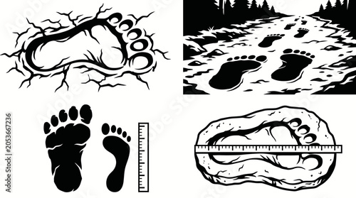 Set of Bigfoot or Yeti footprint icons in black and white style.
