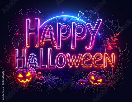 A neon-lit Halloween greeting with jack-o-lanterns and spooky decorations