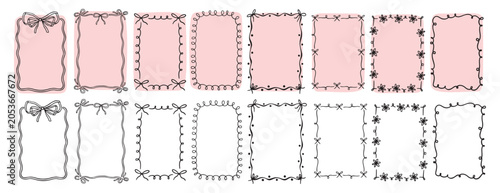 Foto hand drawn doodle pink cute borders for wedding invitation with bows, quirky trendy whimsical frames for girl birthday, wavy borders
