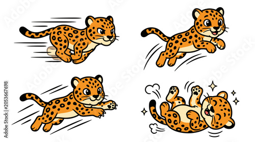 Set of cute cartoon leopard cubs in different poses.