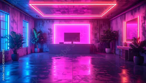 A neon-lit room with a futuristic reception area