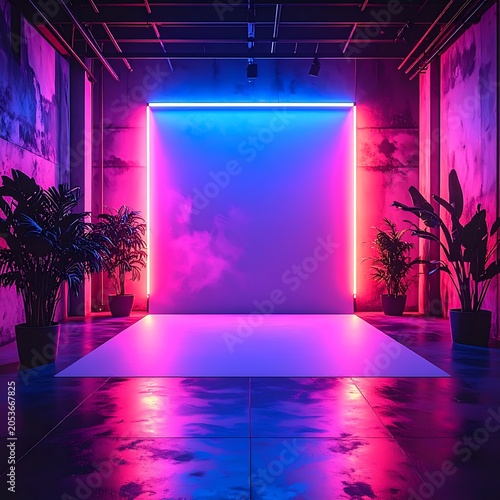 A neon-lit room with a large blank screen and plants