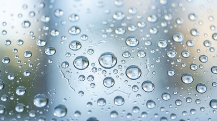 Close-up of clear water droplets on glass with soft blurred background and cool light, creating a fresh abstract texture for weather, cleaning, environment and wellness backgrounds