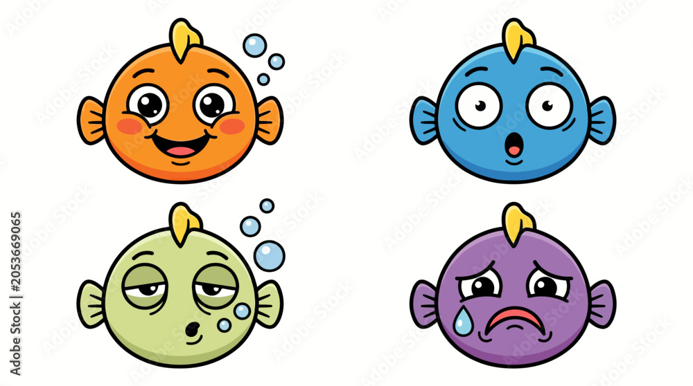 Obraz premium Set of cute cartoon fish character with different facial expressions.