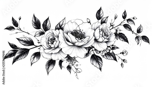 Elegant monochrome botanical arrangement with blooming flowers