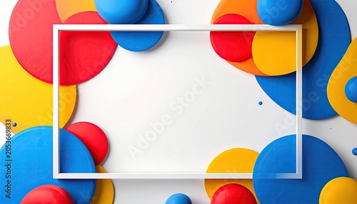 White frame bordered by lively red, blue, yellow 3D and 2D shapes