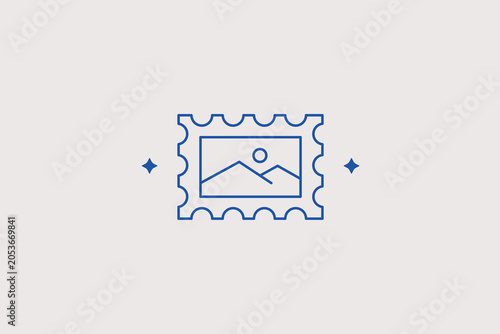 Canvastavla Post stamp with wavy edges landscape frame line icon for postal service, philately club, mail shipping app