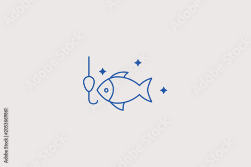 Canvastavla Fish caught on line hook line icon for fishing club, outdoor gear store, seafood restaurant