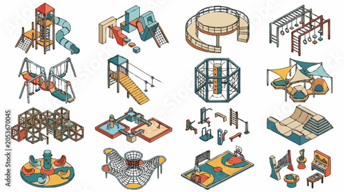 Collection of modern playground equipment and structures in isometric view.