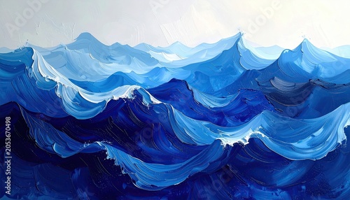Textured painting of stylized blue ocean waves, impasto style