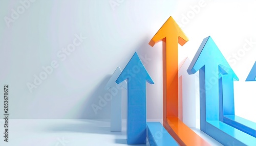 Upward 3D blue and orange arrows on a white background, progress
