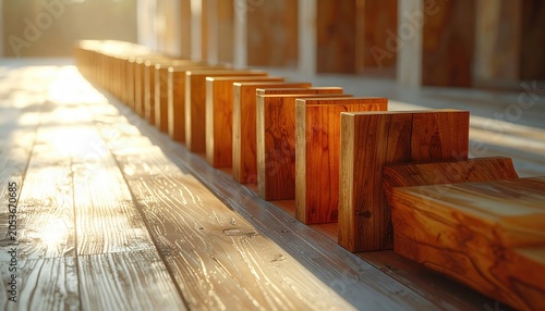 Golden light illuminates a long row of standing wooden dominoes