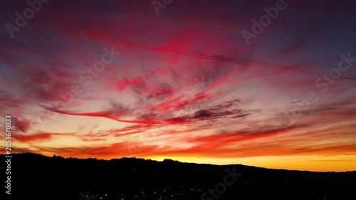 Dramatic Fiery Sunset Sky With Colorful Clouds Over Los Angeles Hills California