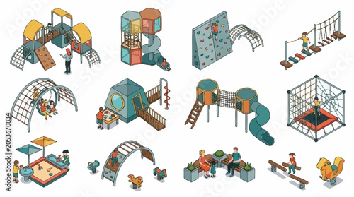 Collection of isometric playground equipment and children playing in a park setting.