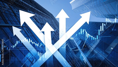 White arrows and financial charts over modern blue city skyscrapers