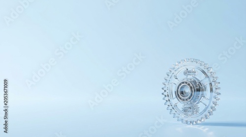 Transparent glass gear with futuristic lighting symbolizing innovation, research, technology development and forward-thinking business solutions.