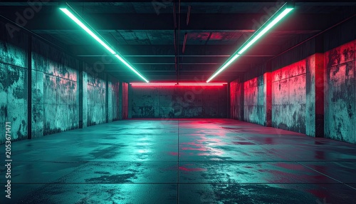 Gritty concrete room with neon red and teal cyberpunk lighting