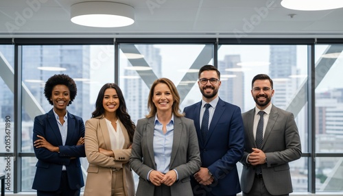 Diverse group of five business professionals standing together in a modern office with a city view.