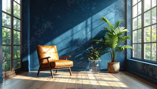 Sunlit room, blue wall, leather chair, green plants, large windows