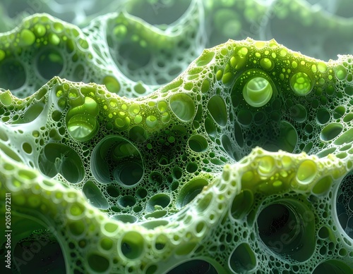 Close-up macro of porous green organic cellular structure with glossy liquid droplets