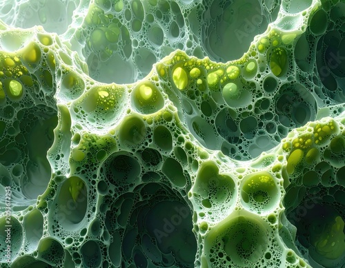 Abstract organic cellular structure with green and white hues