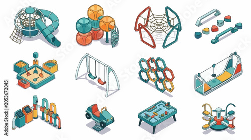 Collection of isometric playground equipment and elements for outdoor recreation and children's activities.