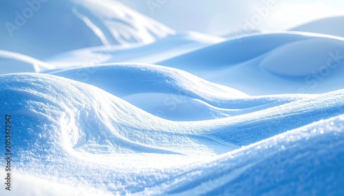 Sunlit pristine white snowfield, soft undulating curves, distant peaks