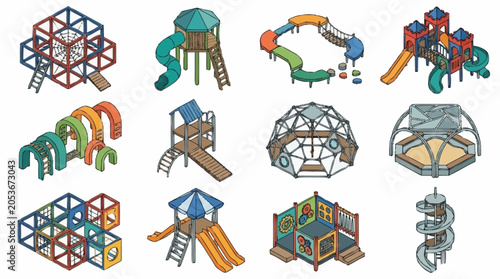 Collection of colorful isometric playground equipment and structures for children's entertainment.