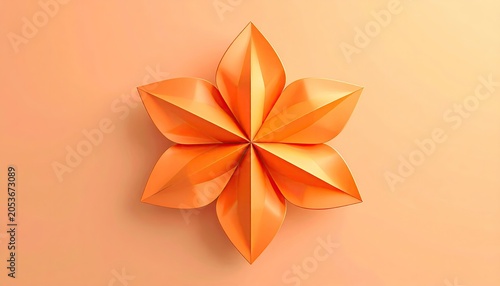 3D rendered orange geometric six-petal flower on peach background