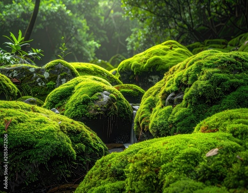 Lush green moss blankets rocks in a serene, misty forest stream