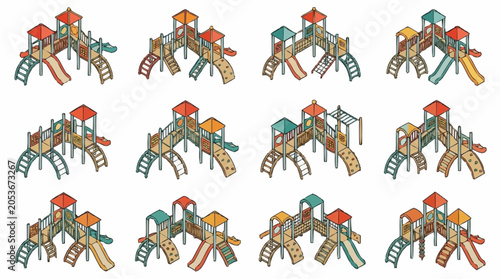 Collection of colorful children's playground slides and structures in isometric view.