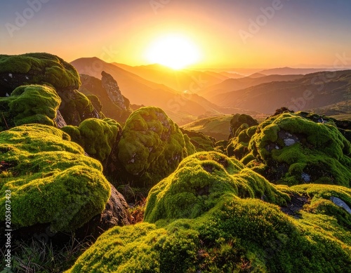 Sunlit mossy boulders overlook misty, sun-drenched mountain valleys at dawn