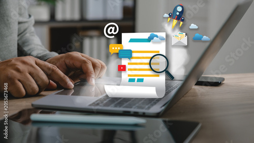 Bilde på lerret Person working on a laptop with content publishing elements, supporting content marketing, blogging, digital media distribution, audience engagement and content management workflow