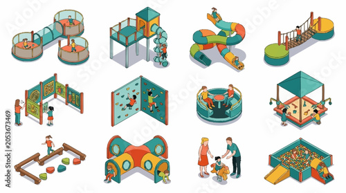 Collection of isometric playground equipment and children playing in a fun and colorful environment.