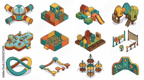 Collection of isometric playground equipment and structures for children's entertainment and recreation.