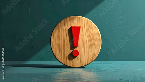 Red exclamation mark on wooden disc, teal background, strong light