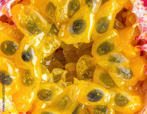 Close-up of bright yellow pulp and black seeds within a sliced tropical fruit
