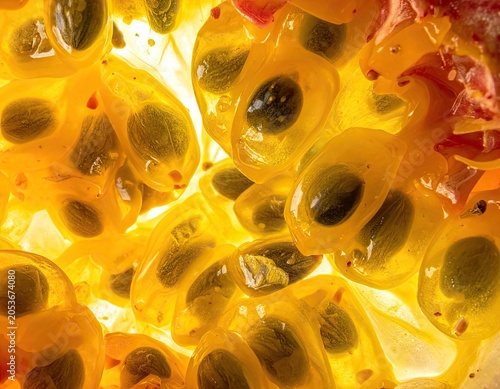 Vibrant, translucent pulp encasing dark seeds, a close-up of exotic fruit