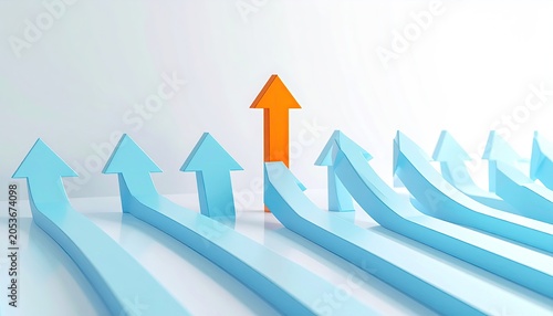 Bright orange arrow rises above many blue curved directional arrows