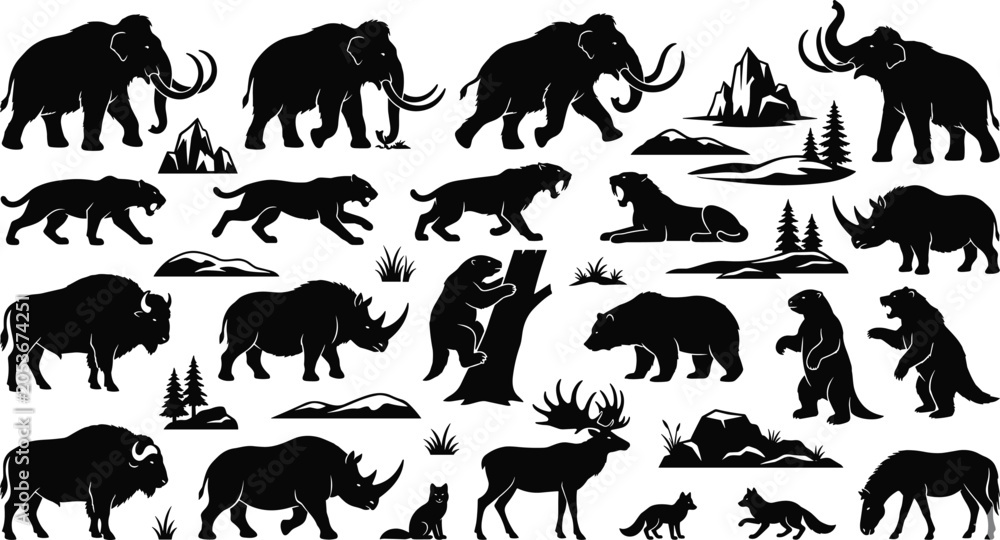 Fototapeta premium Prehistoric Ice Age Animal Silhouette Vector Set Featuring Woolly Mammoths, Saber Toothed Tigers, Rhinoceros, Bison, Cave Bears, and Ancient Megafauna Landscape Elements