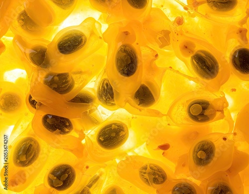 Extreme close-up of translucent yellow pulp and dark seeds
