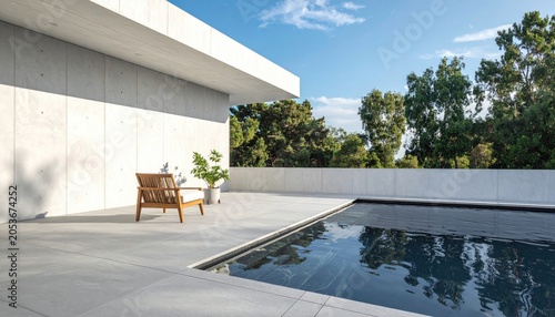 Sleek concrete patio with inviting pool, lone chair, sunny sky, lush trees