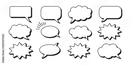 Collection of comic speech bubbles with thick outline style isolated on transparent background set.