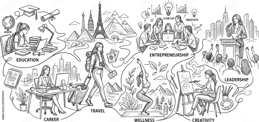 Obraz premium Illustration of a woman multitasking across career, travel, education, and creative life stages