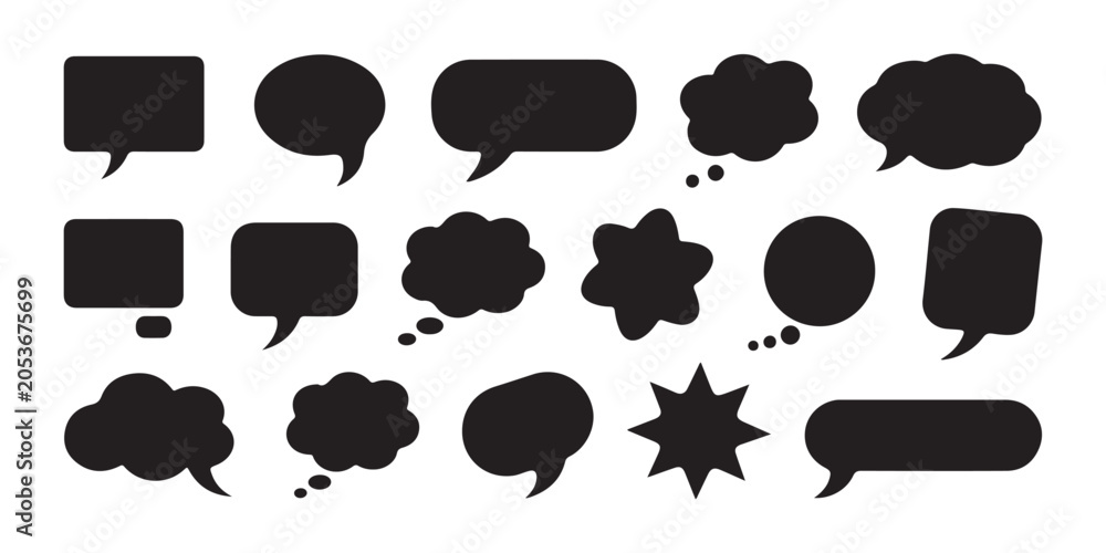 Fototapeta premium Collection of various solid speech and thought bubbles isolated on transparent background for chat.