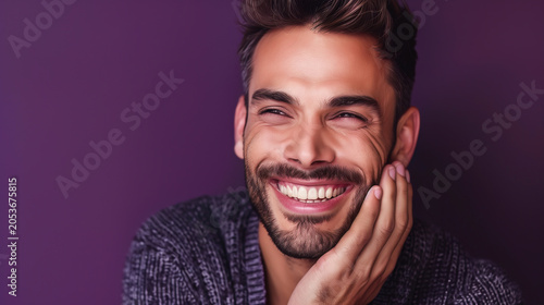 Handsome bearded man smiling with hand on face against purple background. Portrait of cheerful male with groomed facial hair displaying confident expression.
